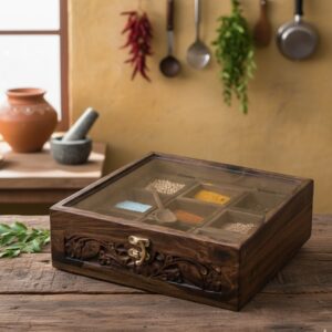 Handcrafted 9-Compartment Multi Masala Wooden Spice Box | Shaakhzan