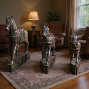 Set of 3 Handcrafted Kekar Wood Horse Sculptures – Premium Home & Office Décor