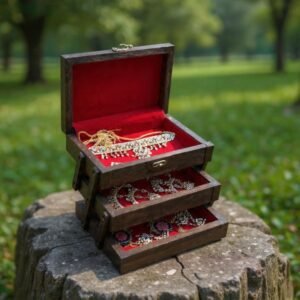 Handcrafted Kekar Wood 3-Compartment Foldable Jewellery Box with Velvet Interior